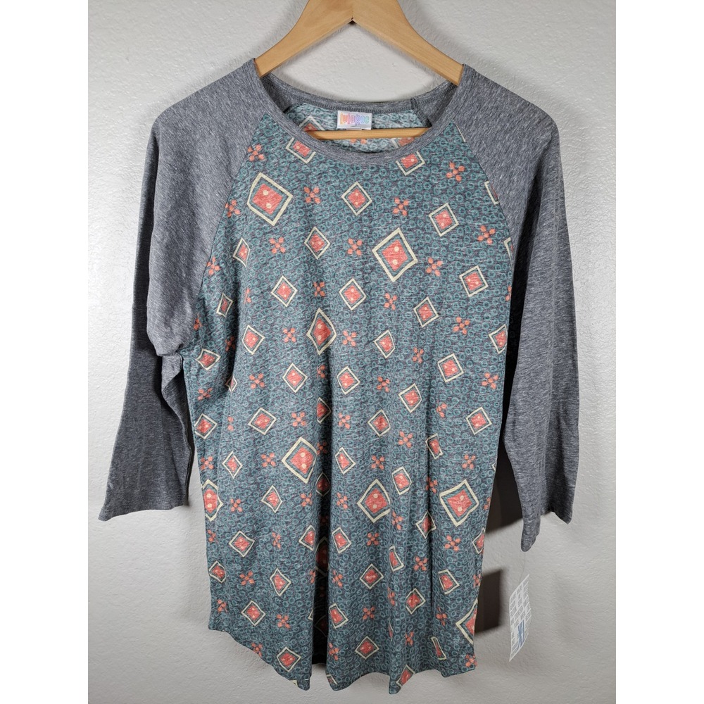 LuLaRoe Randy Tee XL Teal Geometric Diamond Raglan 3/4 Sleeve Baseball Top NEW